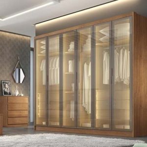 ROUPEIRO MODULADO CLOSET RIZON 6 PORTAS GLASS REFLECTA 2,43CM CUMARU NOVO HORIZONTE