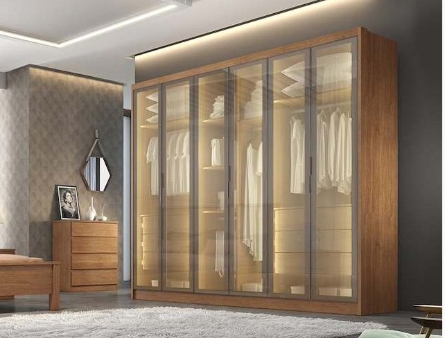 ROUPEIRO MODULADO CLOSET RIZON 6 PORTAS GLASS REFLECTA 2,43CM CUMARU NOVO HORIZONTE