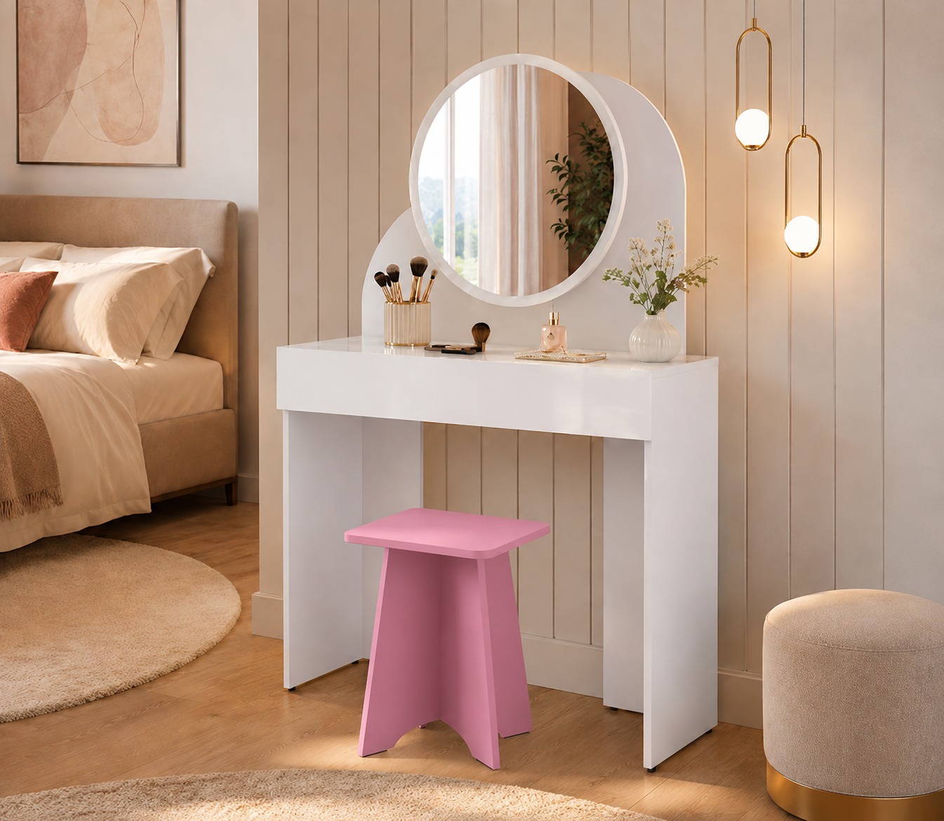 PENTEADEIRA WISH 0,90CM BRANCO COM BANQUETA ROSA- BECHARA